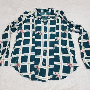 Free People Window to my Heart Green Cream Plaid Floral Blouse S Flowy Feminine